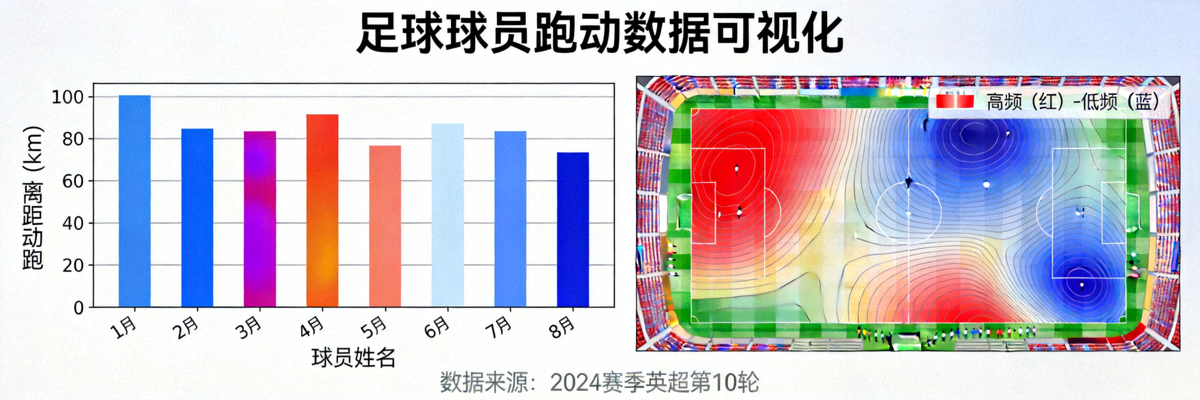 足球数据可视化图表展示球员跑动距离和热区分布